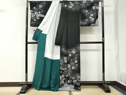 平和屋着物●訪問着　絞り　草花文　黒地　さが美扱い　正絹　逸品　CABI3273yc