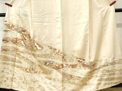 平和屋着物●訪問着　駒刺繍　扇面枝花文　金彩　正絹　逸品　CABI3279yc