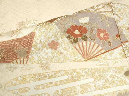 平和屋着物●訪問着　駒刺繍　扇面枝花文　金彩　正絹　逸品　CABI3279yc