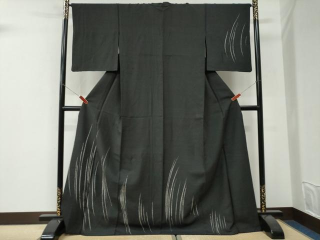 平和屋着物●訪問着　紬地　吉祥文　黒地　ロング丈　正絹　逸品　CABI3282yc