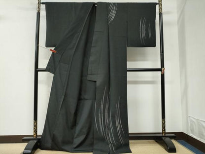 平和屋着物●訪問着　紬地　吉祥文　黒地　ロング丈　正絹　逸品　CABI3282yc