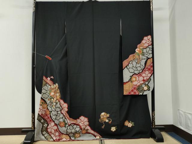 平和屋着物●豪華振袖　毬牡丹花文　黒地　金彩　正絹　逸品　CABI3284yc