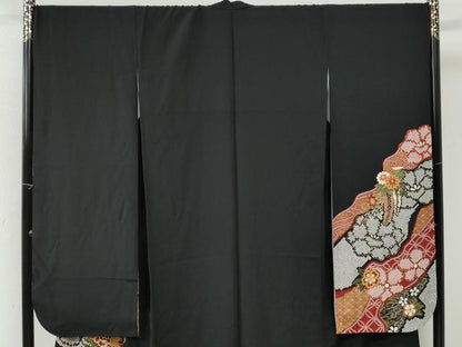 平和屋着物●豪華振袖　毬牡丹花文　黒地　金彩　正絹　逸品　CABI3284yc