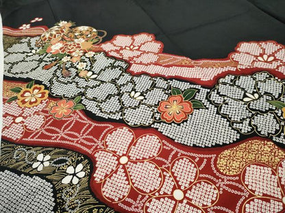 平和屋着物●豪華振袖　毬牡丹花文　黒地　金彩　正絹　逸品　CABI3284yc