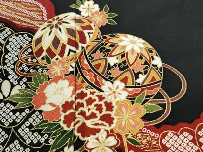 平和屋着物●豪華振袖　毬牡丹花文　黒地　金彩　正絹　逸品　CABI3284yc