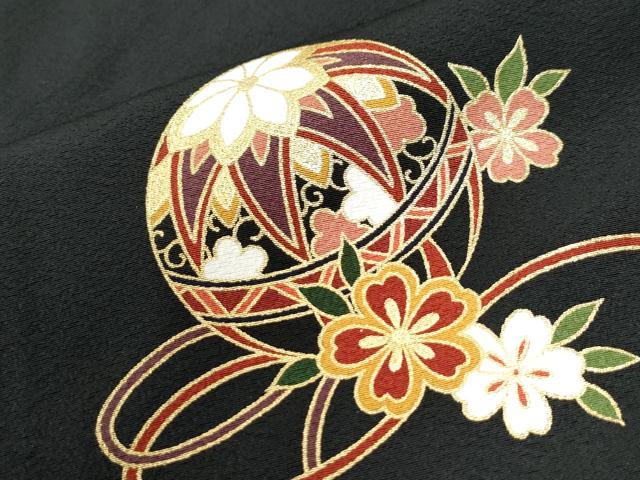 平和屋着物●豪華振袖　毬牡丹花文　黒地　金彩　正絹　逸品　CABI3284yc