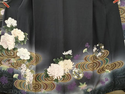 平和屋着物●豪華振袖　竜田川牡丹藤花房　暈し染め　黒地　金彩　正絹　逸品　CABI3298yc