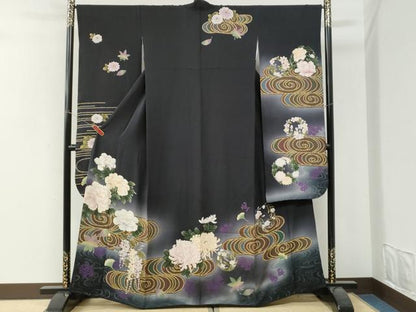 平和屋着物●豪華振袖　竜田川牡丹藤花房　暈し染め　黒地　金彩　正絹　逸品　CABI3298yc