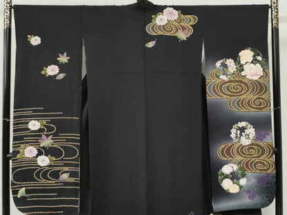 平和屋着物●豪華振袖　竜田川牡丹藤花房　暈し染め　黒地　金彩　正絹　逸品　CABI3298yc