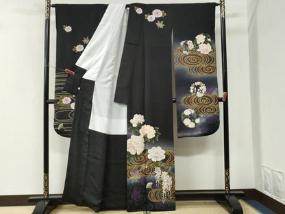 平和屋着物●豪華振袖　竜田川牡丹藤花房　暈し染め　黒地　金彩　正絹　逸品　CABI3298yc