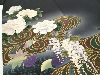 平和屋着物●豪華振袖　竜田川牡丹藤花房　暈し染め　黒地　金彩　正絹　逸品　CABI3298yc