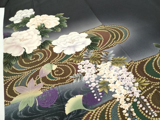 平和屋着物●豪華振袖　竜田川牡丹藤花房　暈し染め　黒地　金彩　正絹　逸品　CABI3298yc