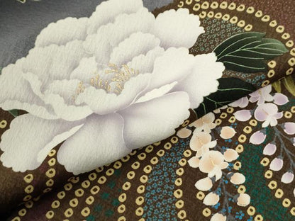 平和屋着物●豪華振袖　竜田川牡丹藤花房　暈し染め　黒地　金彩　正絹　逸品　CABI3298yc