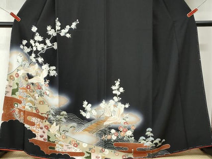 平和屋着物●訪問着　駒刺繍　浜松飛鶴渡り橋花文　暈し染め　黒地　正絹　逸品　未使用　CABI3311yc