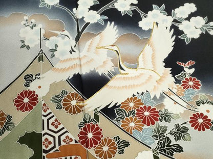 平和屋着物●訪問着　駒刺繍　浜松飛鶴渡り橋花文　暈し染め　黒地　正絹　逸品　未使用　CABI3311yc