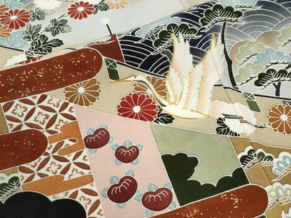 平和屋着物●訪問着　駒刺繍　浜松飛鶴渡り橋花文　暈し染め　黒地　正絹　逸品　未使用　CABI3311yc
