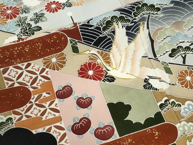 平和屋着物●訪問着　駒刺繍　浜松飛鶴渡り橋花文　暈し染め　黒地　正絹　逸品　未使用　CABI3311yc