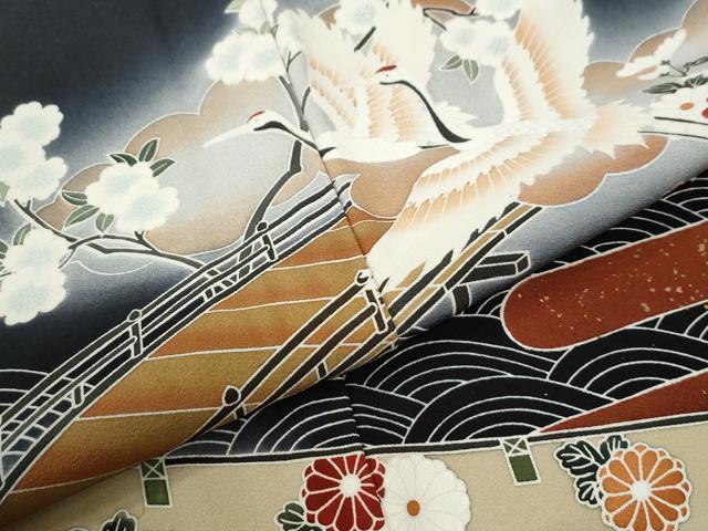 平和屋着物●訪問着　駒刺繍　浜松飛鶴渡り橋花文　暈し染め　黒地　正絹　逸品　未使用　CABI3311yc