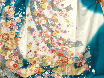 平和屋着物●豪華振袖　流水草花文　暈し染め　銀通し地　正絹　逸品　CABI3314yc