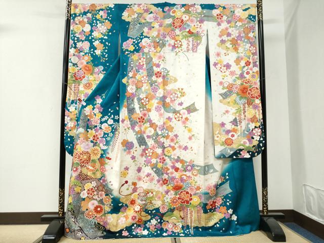 平和屋着物●豪華振袖　流水草花文　暈し染め　銀通し地　正絹　逸品　CABI3315yc