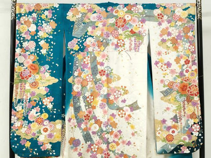 平和屋着物●豪華振袖　流水草花文　暈し染め　銀通し地　正絹　逸品　CABI3314yc