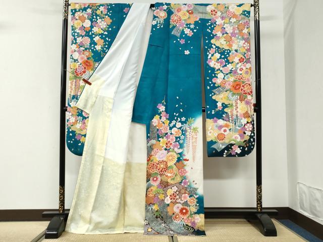 平和屋着物●豪華振袖　流水草花文　暈し染め　銀通し地　正絹　逸品　CABI3314yc
