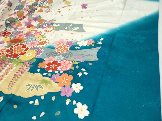 平和屋着物●豪華振袖　流水草花文　暈し染め　銀通し地　正絹　逸品　CABI3314yc