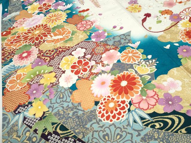 平和屋着物●豪華振袖　流水草花文　暈し染め　銀通し地　正絹　逸品　CABI3315yc
