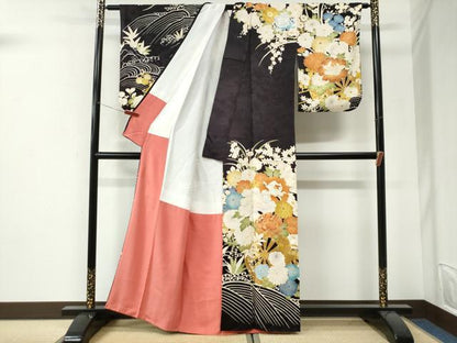 平和屋着物●訪問着　立波牡丹乱菊花車文　金彩　正絹　逸品　CABI3321yc
