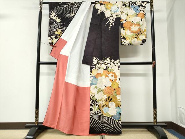 平和屋着物●訪問着　立波牡丹乱菊花車文　金彩　正絹　逸品　CABI3321yc
