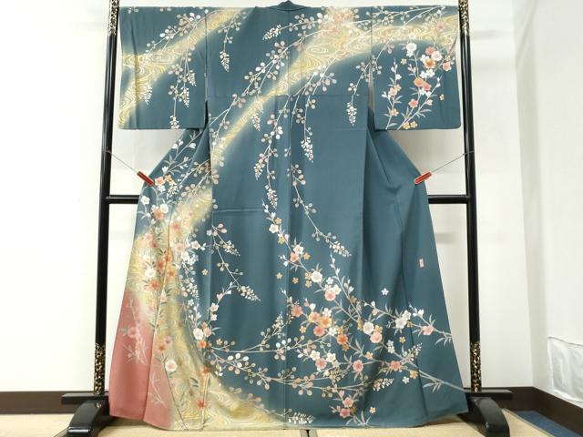 平和屋着物●訪問着　作家物　松峰　流水枝花文　暈し染め　金彩　正絹　逸品　CABI3322yc