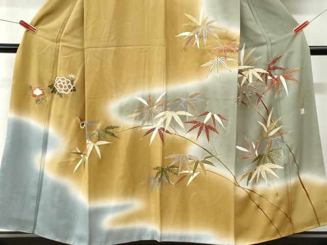 平和屋着物●十二代目　市川団十郎　訪問着　枝笹牡丹舞蝶文　暈し染め　金彩　正絹　逸品　CABI3326yc