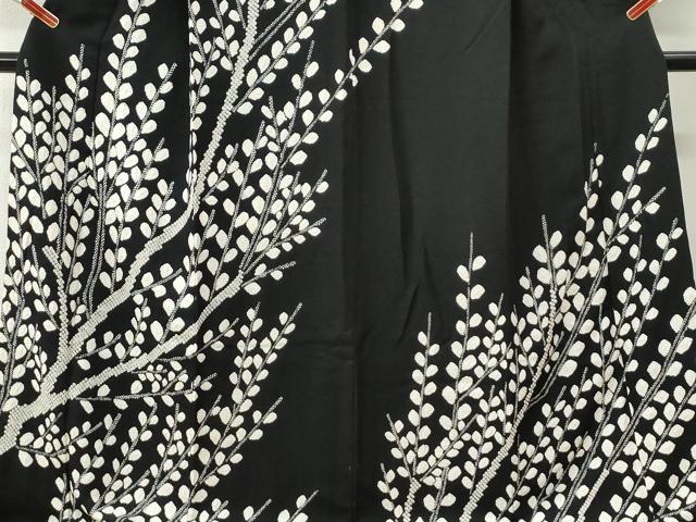 平和屋着物●訪問着　枝葉文　黒地　ロング丈　正絹　逸品　CABI3330yc