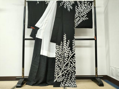 平和屋着物●訪問着　枝葉文　黒地　ロング丈　正絹　逸品　CABI3330yc