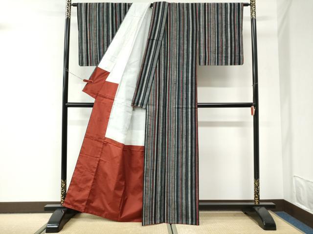 平和屋着物●上質な紬　縞　黒地　正絹　逸品　未使用　CABI3333yc