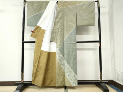 平和屋着物●二代目 川村久太郎　訪問着　紬地　扇　正絹　逸品　CABI3335yc