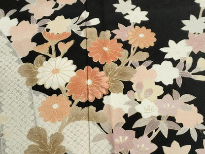 平和屋着物●訪問着　刺繍　立波枝花文　暈し染め　黒地　金彩　正絹　逸品　CABI3358yc