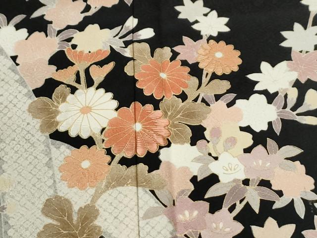 平和屋着物●訪問着　刺繍　立波枝花文　暈し染め　黒地　金彩　正絹　逸品　CABI3358yc