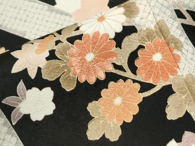 平和屋着物●訪問着　刺繍　立波枝花文　暈し染め　黒地　金彩　正絹　逸品　CABI3358yc