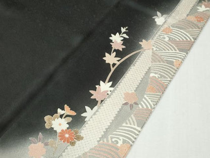 平和屋着物●訪問着　刺繍　立波枝花文　暈し染め　黒地　金彩　正絹　逸品　CABI3358yc