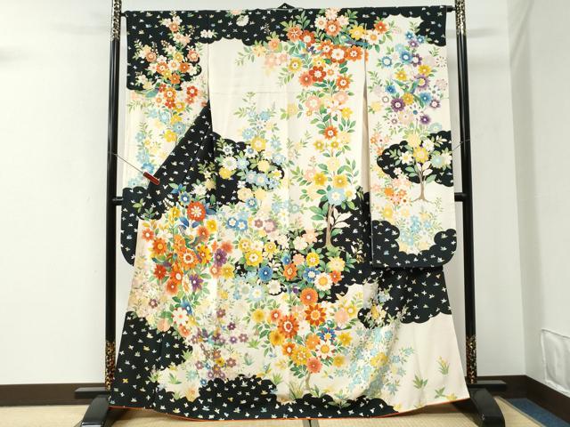 平和屋着物●豪華振袖　駒刺繍　花鳥文　黒地　金彩　正絹　逸品　CABI3359yc