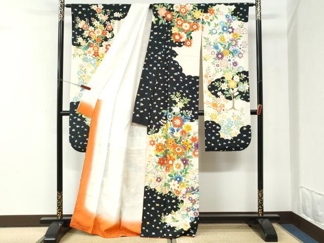 平和屋着物●豪華振袖　駒刺繍　花鳥文　黒地　金彩　正絹　逸品　CABI3359yc