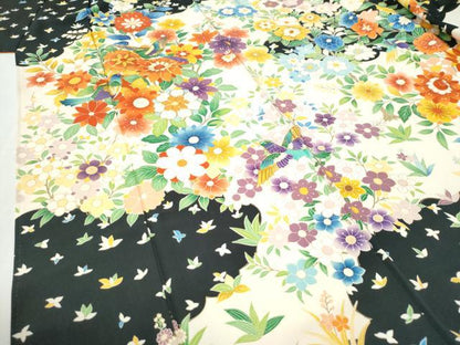 平和屋着物●豪華振袖　駒刺繍　花鳥文　黒地　金彩　正絹　逸品　CABI3359yc