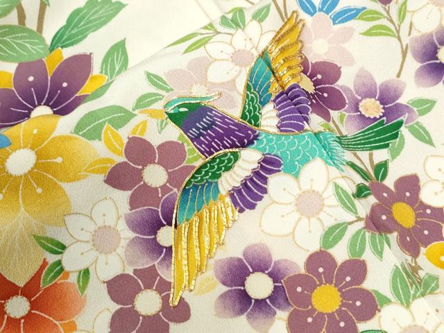 平和屋着物●豪華振袖　駒刺繍　花鳥文　黒地　金彩　正絹　逸品　CABI3359yc