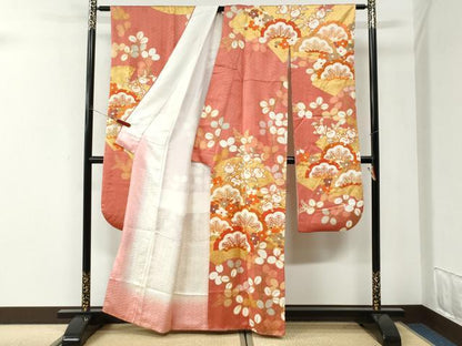 平和屋着物●十日町老舗ブランド　吉澤友禅　吾妻徳穂　振袖　地紙枝橘花松文　金彩　正絹　逸品　CABI3365yc