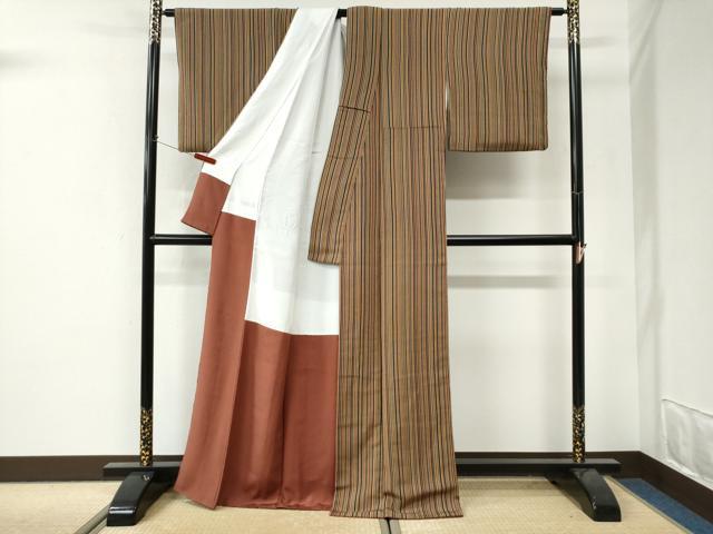平和屋着物●上質な小紋　縞　鬼しぼ縮緬　正絹　逸品　CABI3370yc