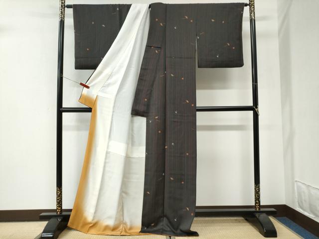 平和屋着物●上質な小紋　よろけ縞　溢れ松葉梅文　金彩　ロング丈　正絹　逸品　CABI3387yc