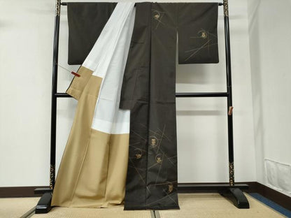 平和屋着物●訪問着　本場縞大島紬　総刺繍　刺し子　ミミズク　ロング丈　正絹　逸品　CABI3398yc