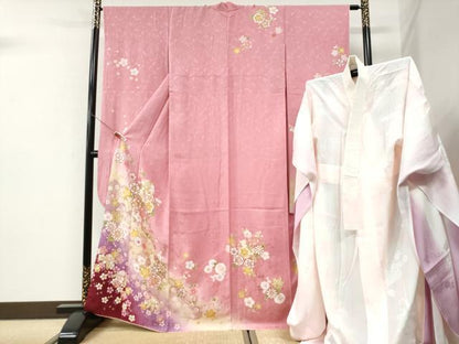 平和屋着物●豪華振袖・長襦袢セット　舞桜文　ラメ糸　暈し染め　金彩　京都きもの友禅扱い　正絹　逸品　CABI3399yc