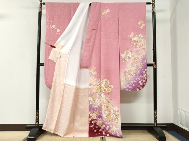 平和屋着物●豪華振袖・長襦袢セット　舞桜文　ラメ糸　暈し染め　金彩　京都きもの友禅扱い　正絹　逸品　CABI3399yc